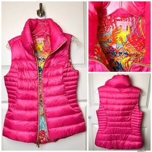 Lilly Pulitzer Hot Pink Puffer Vest Down Feather Gold Zip Tropical Lining S